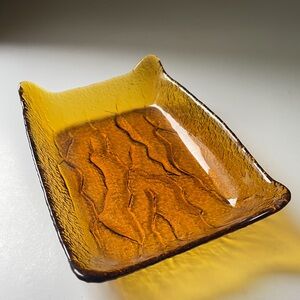 VINTAGE Amber Glass Ice Bark Textured Rectangular Catchall Tray/Dish Mid Century
